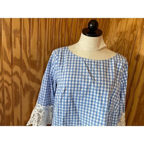 Liz Claiborne Career Blouse Pullover Top Keyhole Blue Checkered Cotton Sz M - Picture 4 of 8